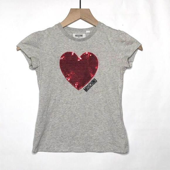 Moschino Youth Girls Size 10 Logo Heart Sequin Short Slv Tshirt Grey Red